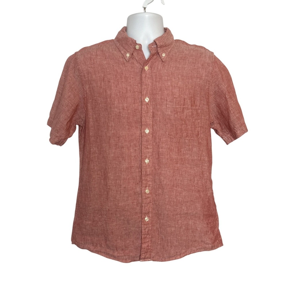 Brooks Brothers Mens‎ Med Linen Short Sleeve Shirt Button Up Regency Fit Salmon